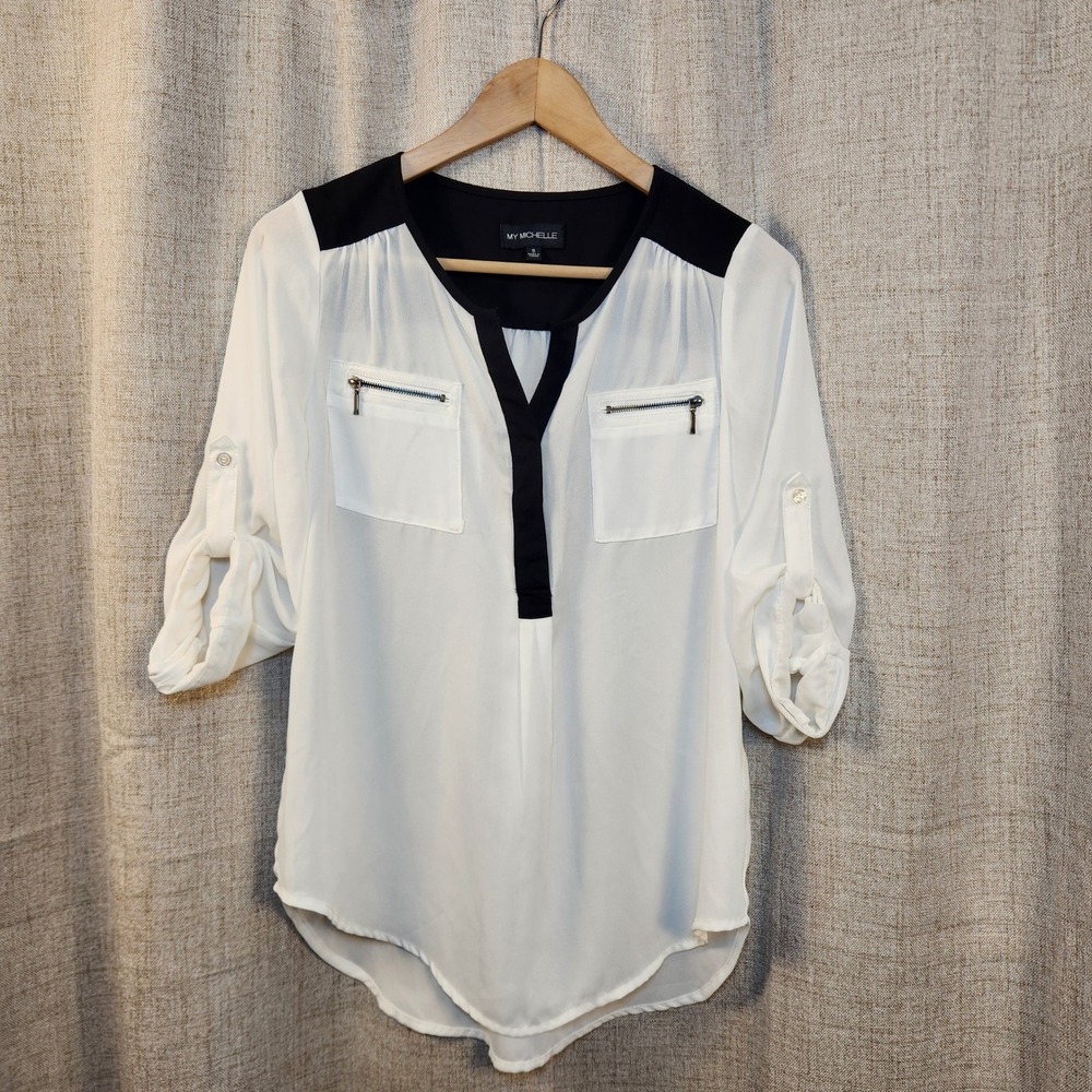 My Michelle‎ Sheer Lightweight Blouse Women's S White/Black 3/4 Roll Tab Sleeves
